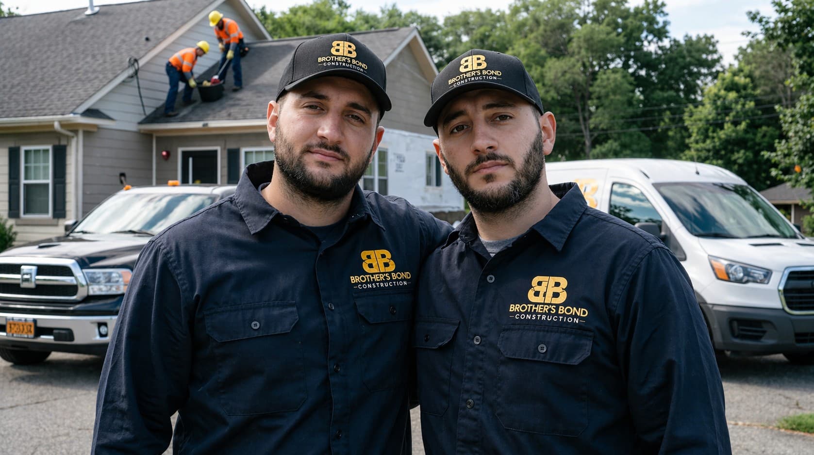 The two brothers of Brother's Bond Construction in front of their work trucks with the crew on a roof