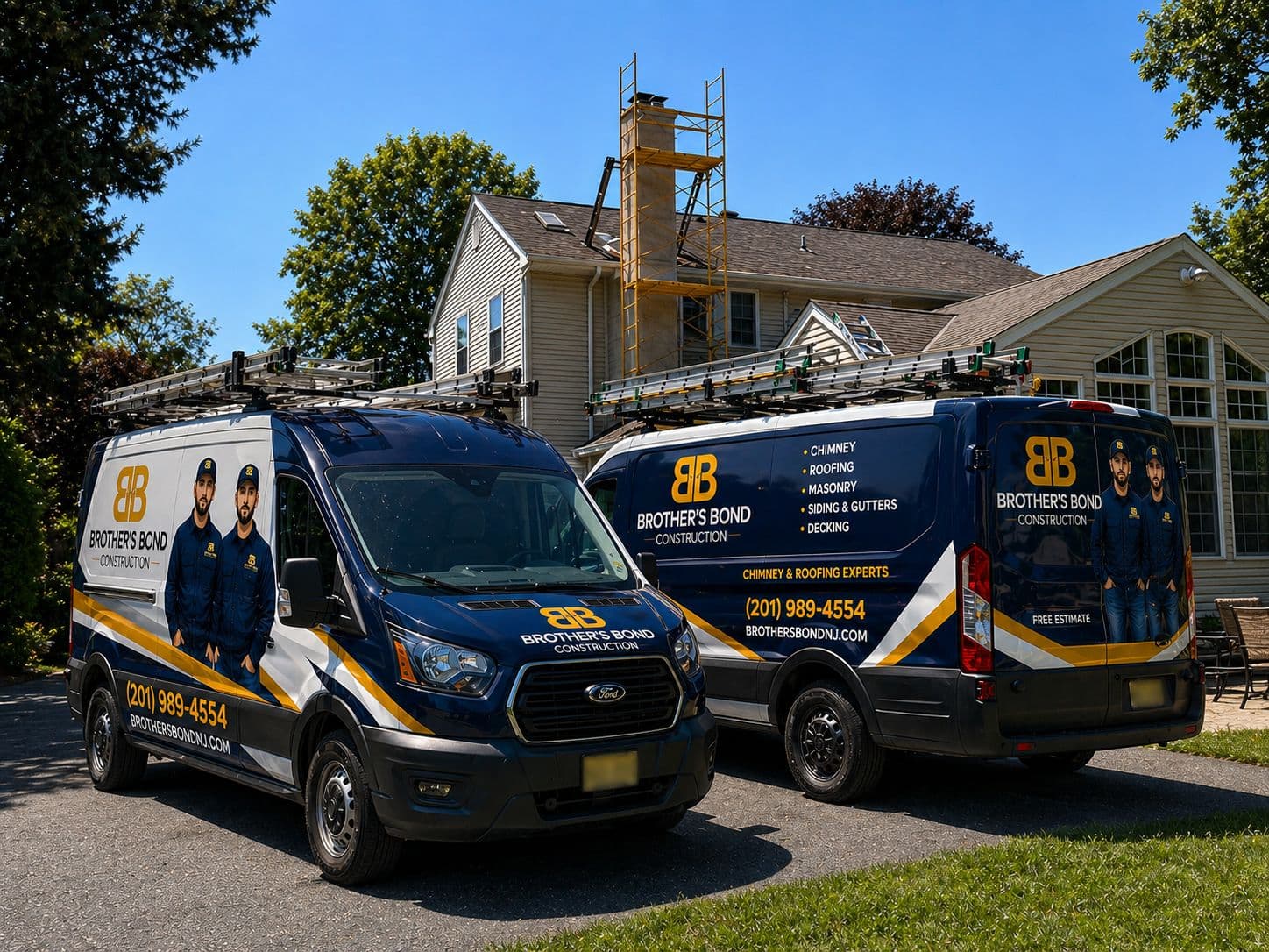 The two brothers of Brother's Bond Construction in front of their work trucks with the crew on a roof